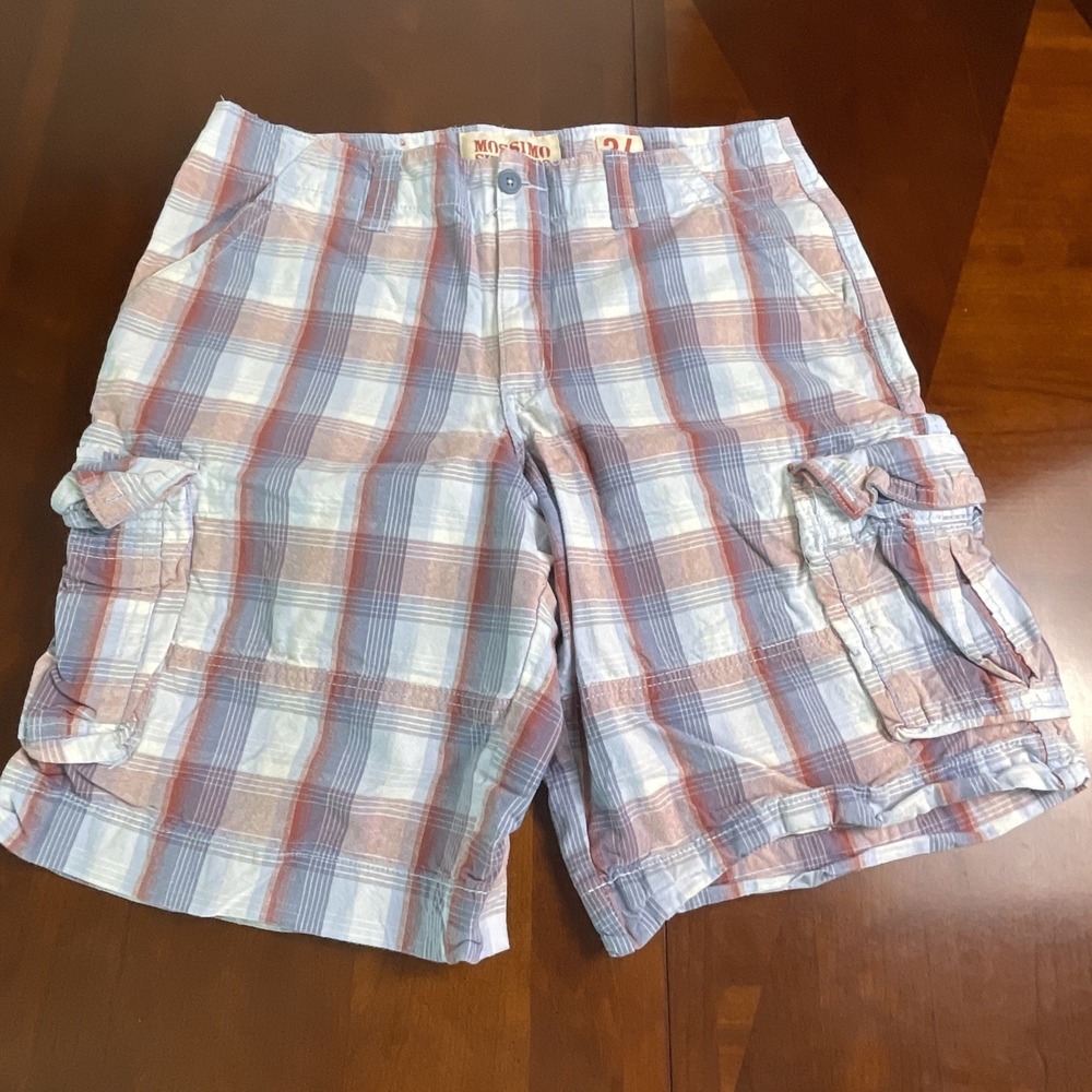 Vtg Mossimo Cargo Supply Men Plaid Shorts 34 Blue/Red Flat Front Y2K Grunge